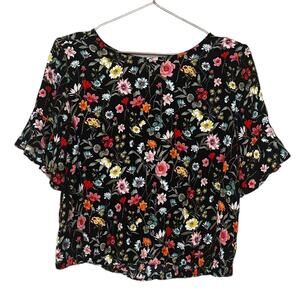 Loft Black Floral Ruffle Short Sleeve Top - Size Small
